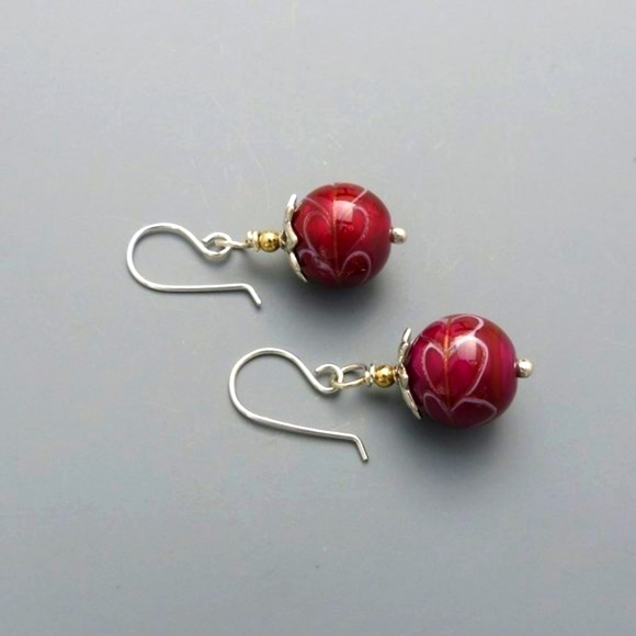 𝅺FESTIVE Red Ceramic Bead with Sterling Silver Earring Dangles - Picture 2 of 4